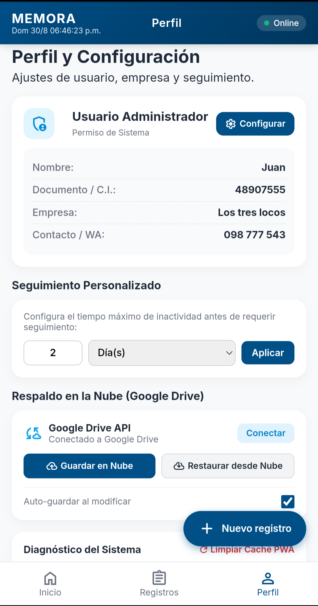 Respaldo en Google Drive y Diagnóstico