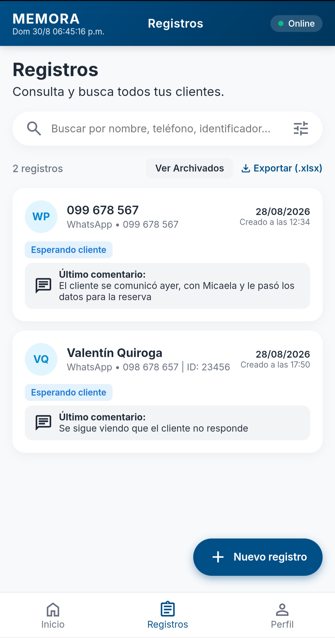 Panel de Registros y Clientes en Memora
